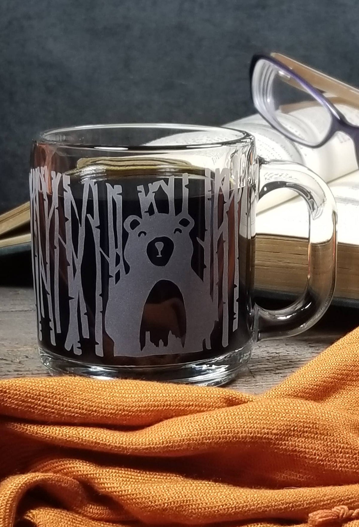 Woodlands Bear Etched Glass Coffee Mug
