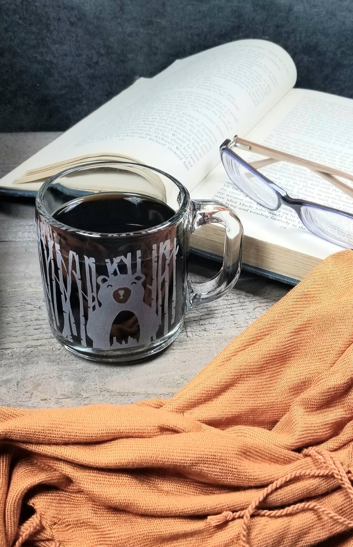 Woodlands Bear Etched Glass Coffee Mug