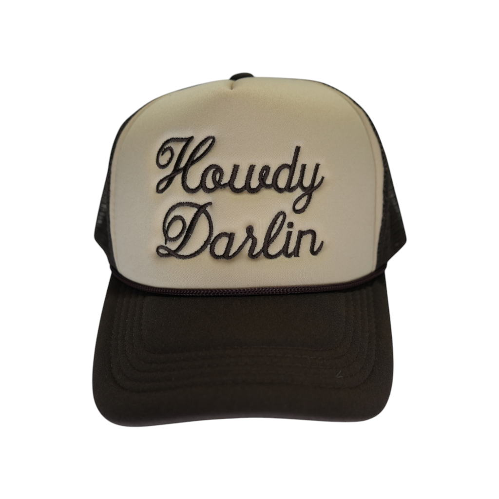 Howdy Darlin Trucker Hat: Camo/Burnt Orange
