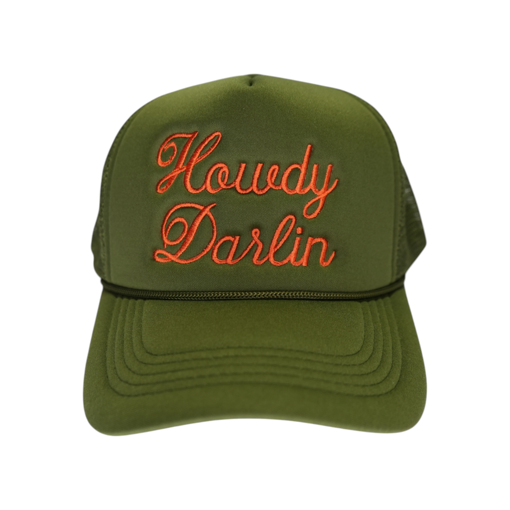Howdy Darlin Trucker Hat: Camo/Burnt Orange