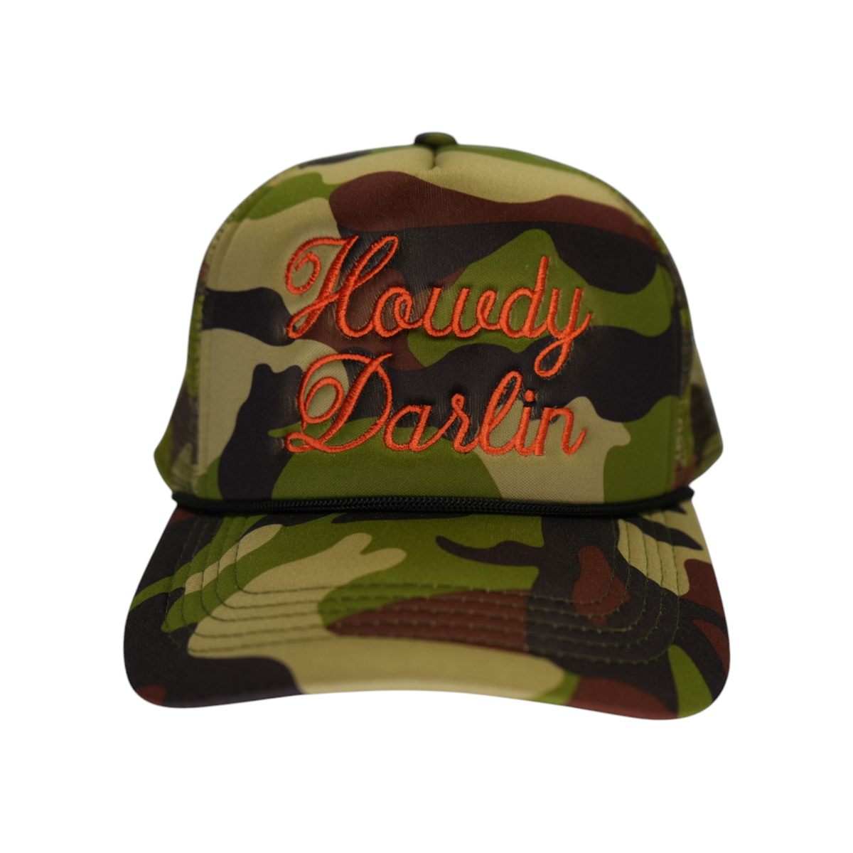 Howdy Darlin Trucker Hat: Camo/Burnt Orange