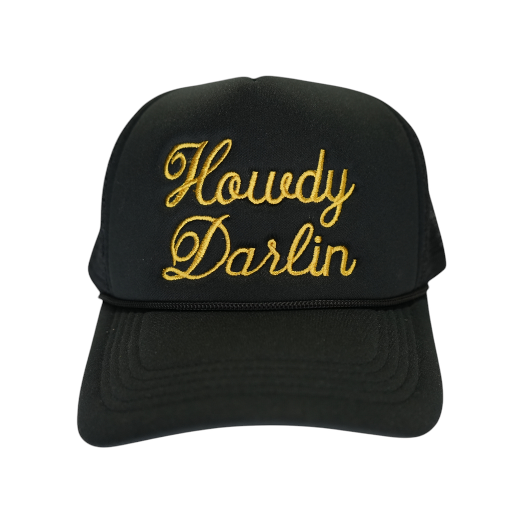 Howdy Darlin Trucker Hat: Camo/Burnt Orange