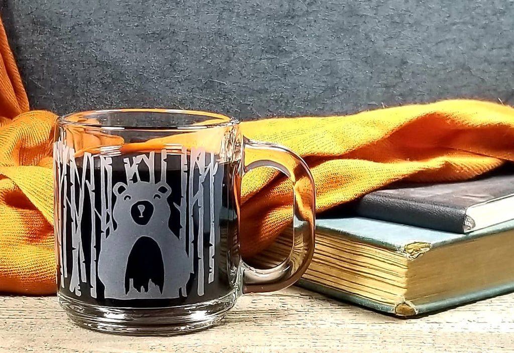 Woodlands Bear Etched Glass Coffee Mug